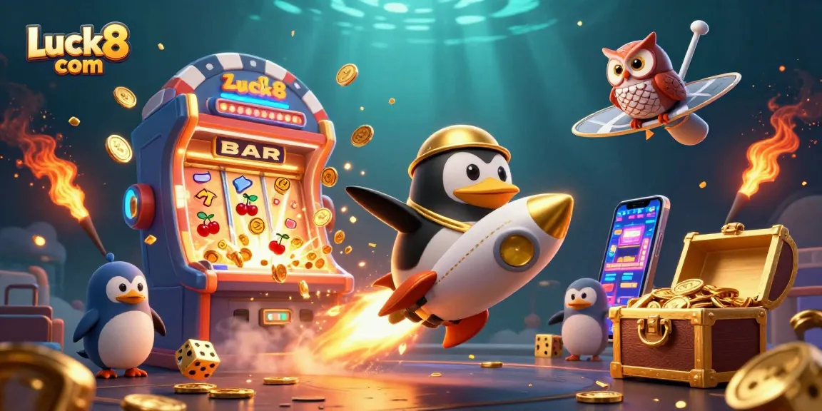 Engage in thrilling gameplay at Luck8 com with a dazzling rocket-powered penguin and casino elements.