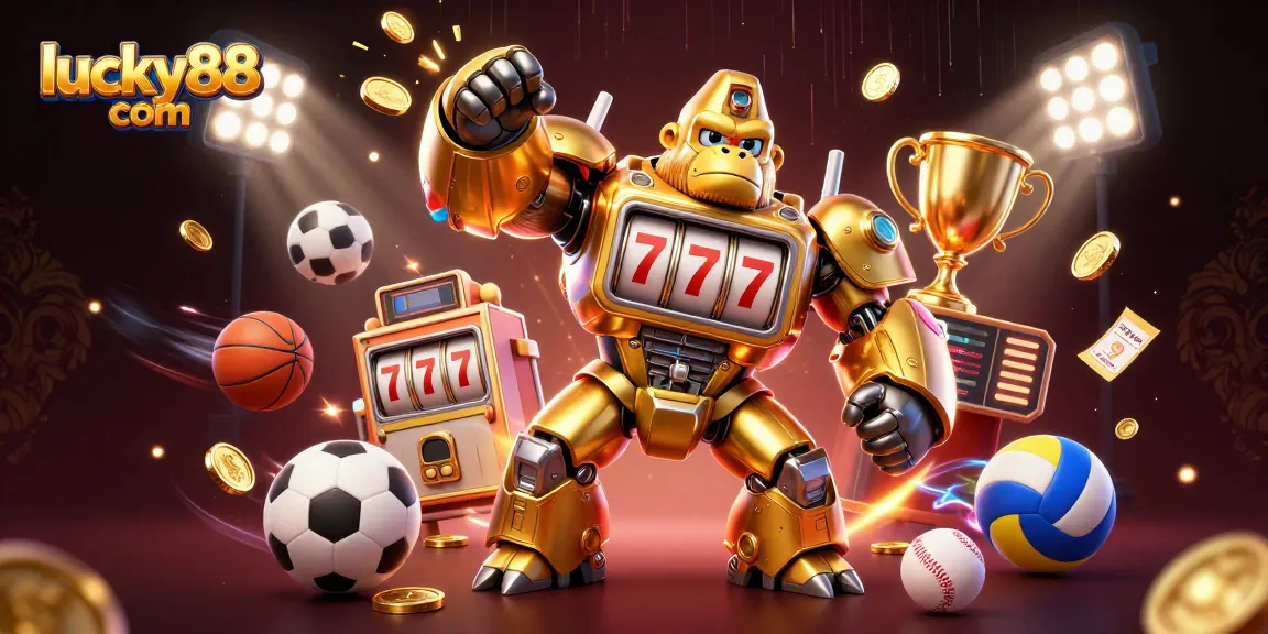 Experience thrilling gameplay at lucky88 com with a golden gorilla mech surrounded by dynamic sports elements.