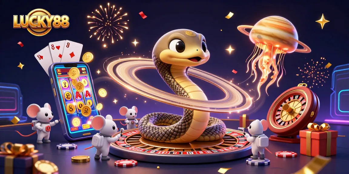 Engage with LUCKY88 slot games in a vibrant cosmic casino scene filled with exciting elements.
