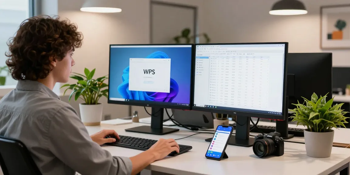 Professional in a bright office using WPS Official Website to create engaging presentations.