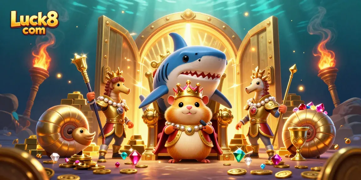 Experience excitement at Luck8 com with a dynamic underwater casino scene filled with treasures and lively characters.