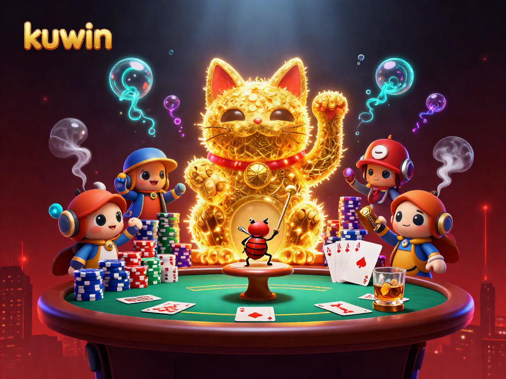 Kuwin's giant lucky cat and conductor beetle illuminate winning poker action in vibrant 3D artwork