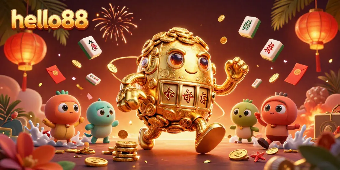 Engage with hello88's vibrant online gaming experience featuring a golden golem and festive casino elements.
