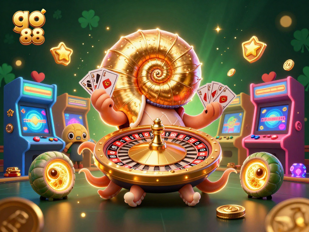 Experience thrilling gaming action with go 88's vibrant 3D casino illustration, showcasing fun activities.