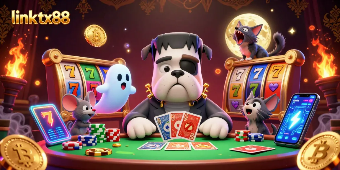 Experience thrilling gameplay at link tx88 with a 3D Frankenstein bulldog monster dealing cards in a colorful casino scene.