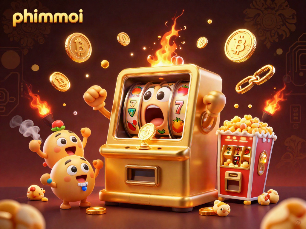 Engage with phimmoi as animated slot machines celebrate a jackpot amidst gold coins and vibrant casino elements.