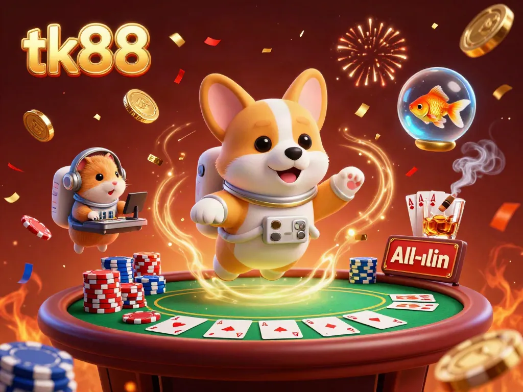 Engage with the vibrant tk88 casino scene featuring a floating space casino and playful characters.