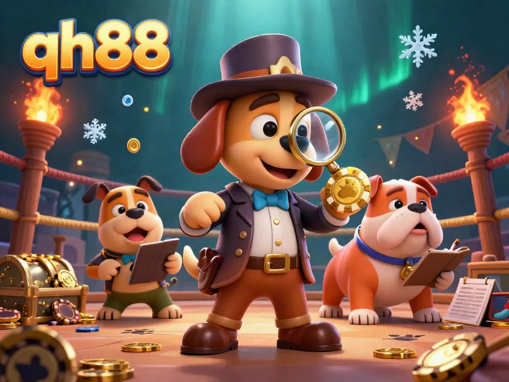 Join qh88 as the detective dog examines a golden poker chip amidst a thrilling gambling scene.