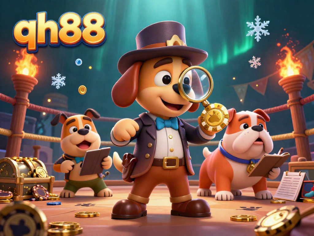Join qh88 as the detective dog examines a golden poker chip amidst a thrilling gambling scene.