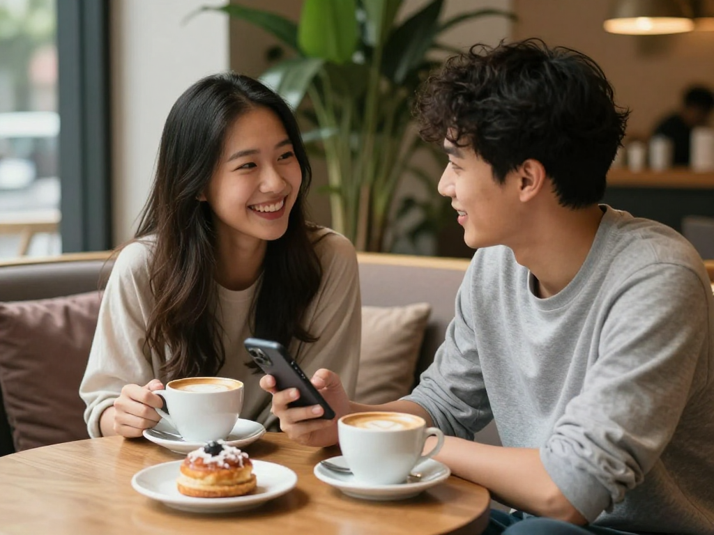 Engaging moment of f168 dating shared over coffee in cozy cafe.