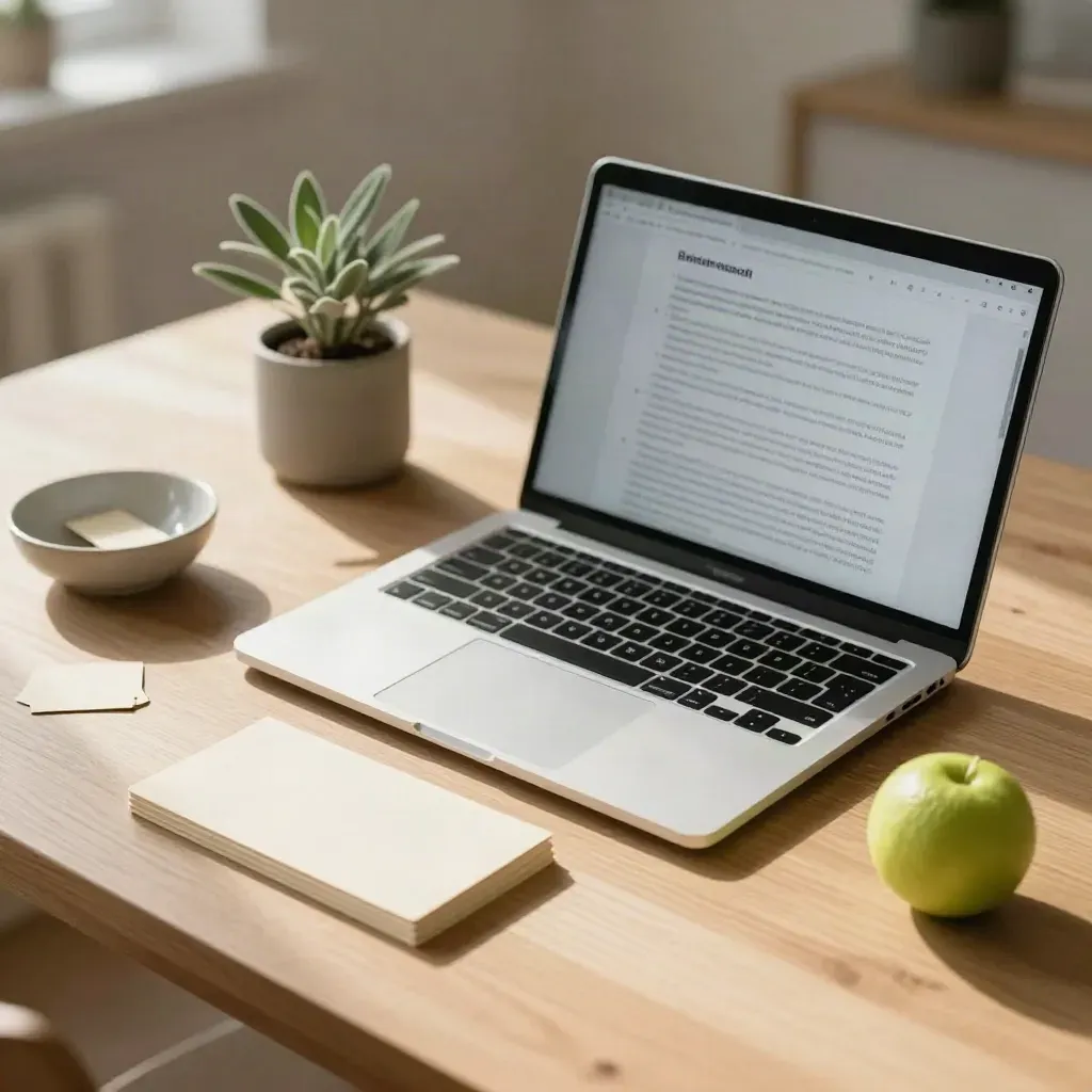 Open laptop met onscherpe zoekwoordlijst, indexkaartjes, plant en schaal op houten tafel in ochtendlicht.