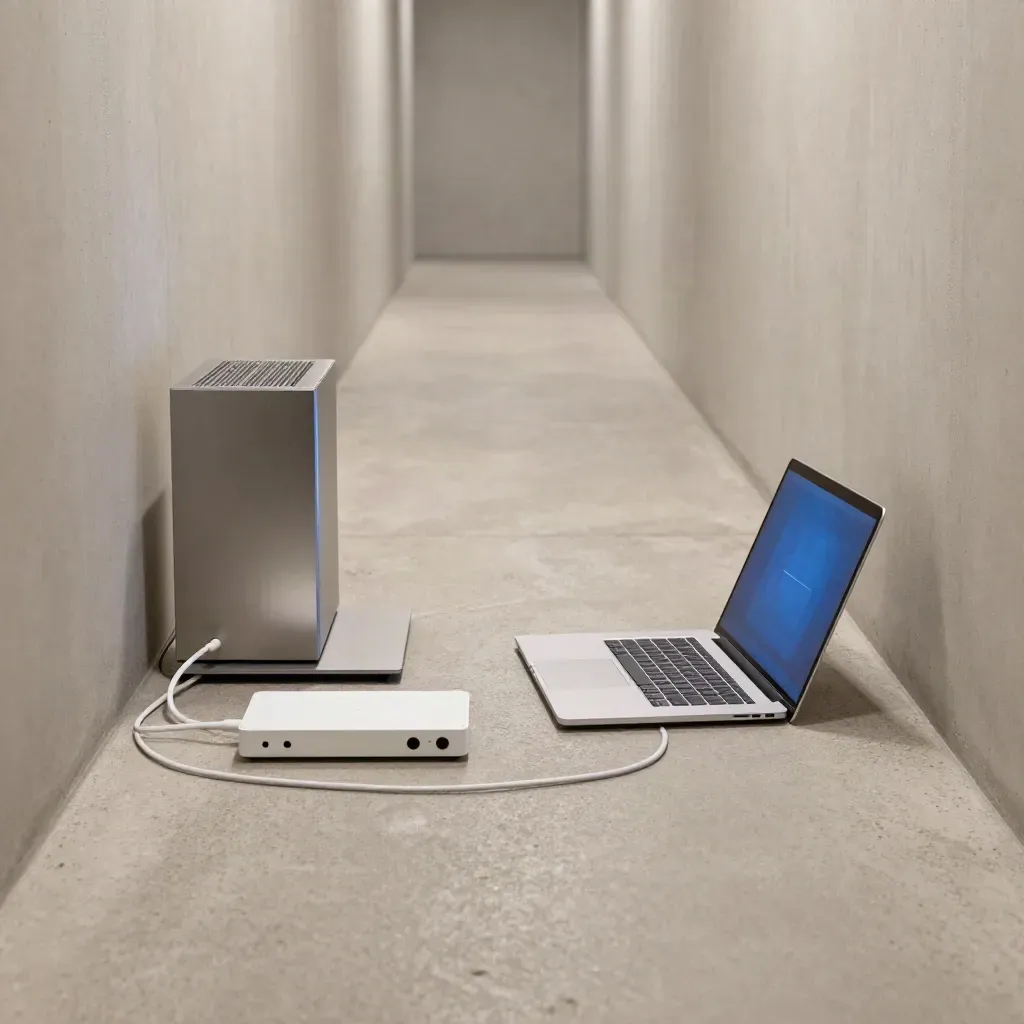 Smalle datacoridor met router, modem, tablet, laptop en nette kabels in koelblauw nachtlicht