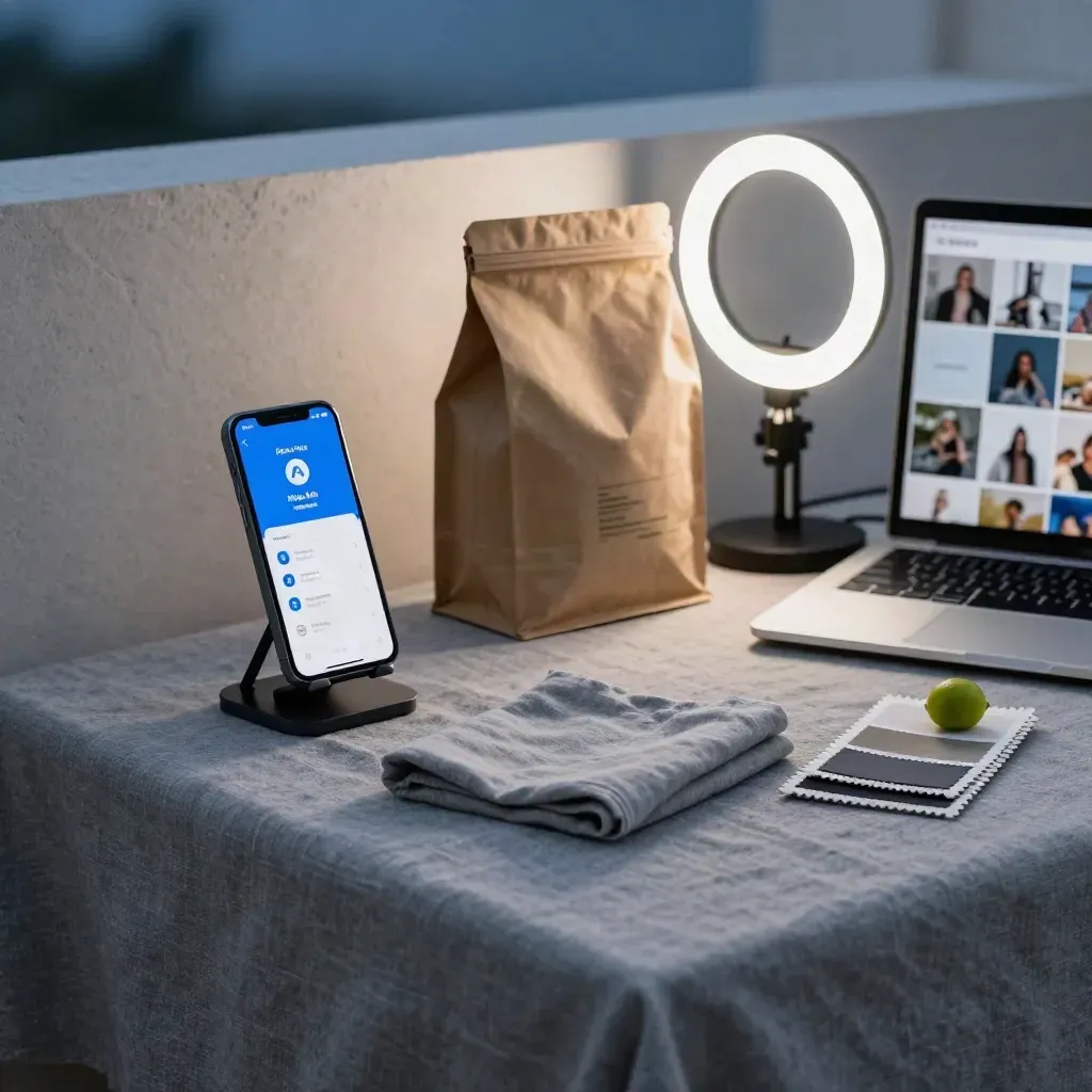 Compacte contenthoek met telefoon, laptop, stofstalen en ringlamp in blauw uurschemering.