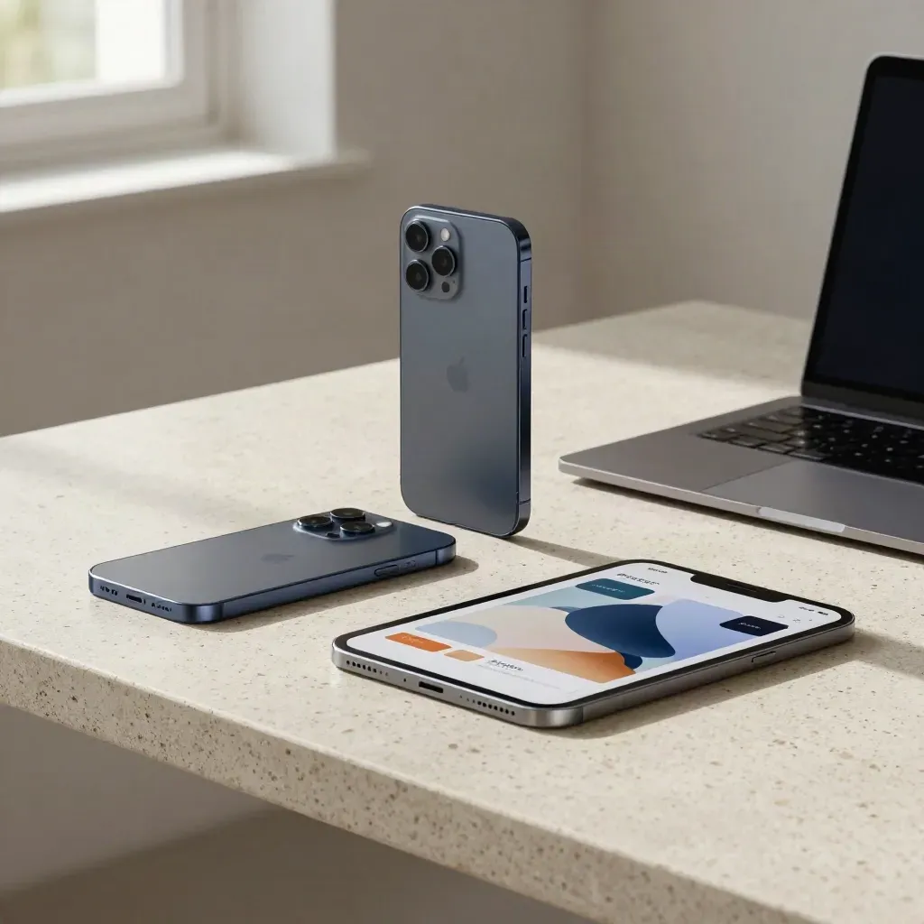Lage atelierfoto met smartphones, tablet, laptop en proefpanelen op travertin.