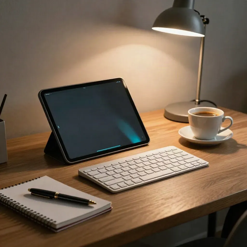 Schrijfhoek met tablet, toetsenbord, koffie en lamp in warm avondlicht.