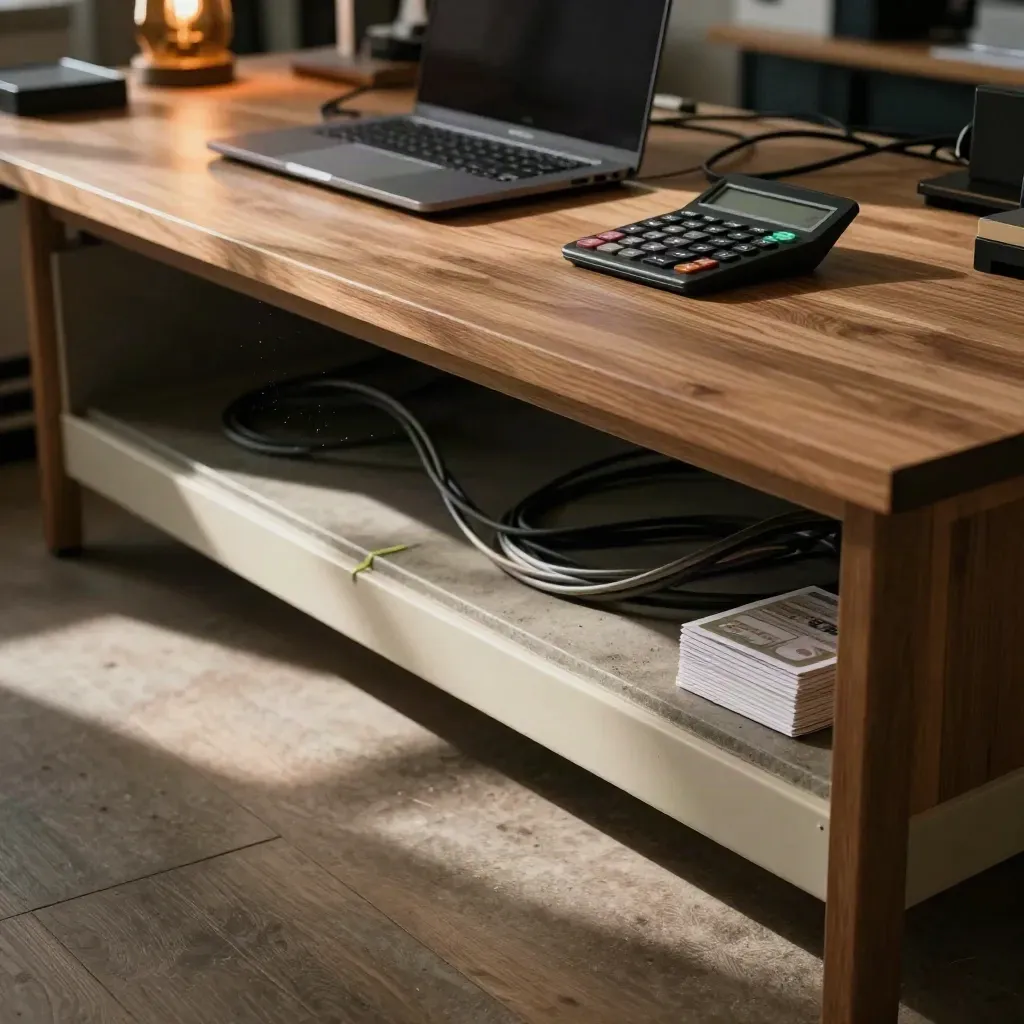 Onder een tafel: laptop, kabels, rekenmachine en kaartjes in warm licht.