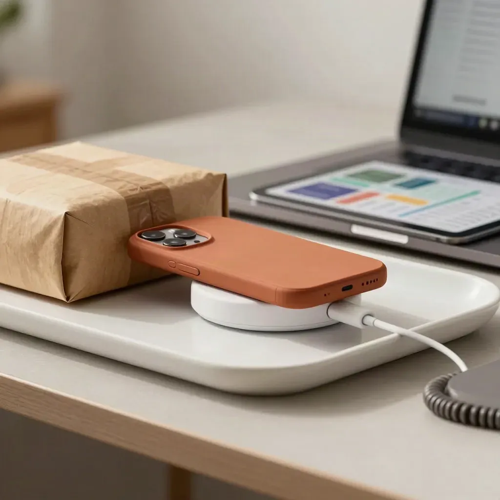 Strakke bureau-opname met telefoon, laptop, tablet en pakketje voor leadtracking.
