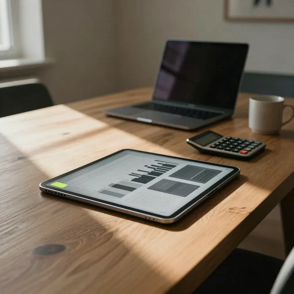 Donkere werkruimte met tablet, rapportmap, laptop en rekenmachine in ochtendlicht.