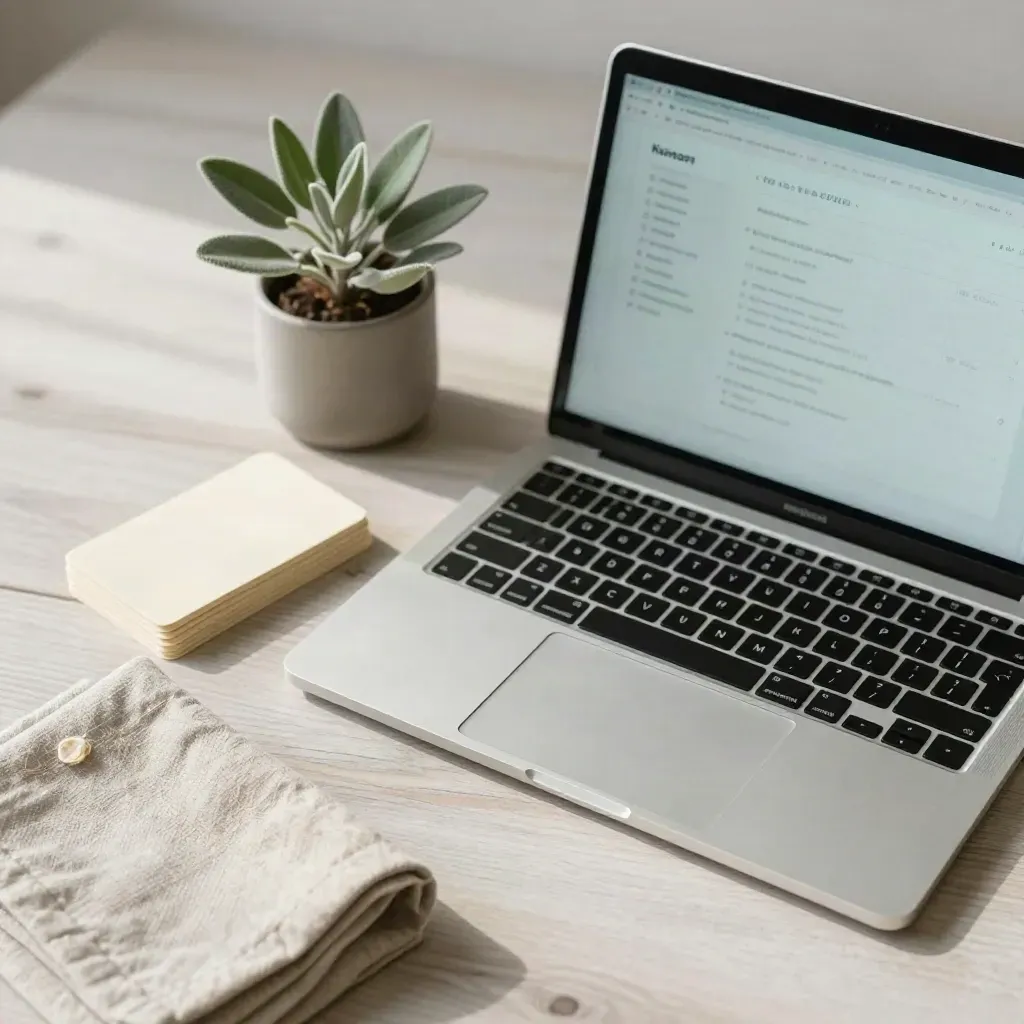Open laptop met wazige zoekwoordenplanner, kaartjes, plant en linnen doek op licht houten bureau.