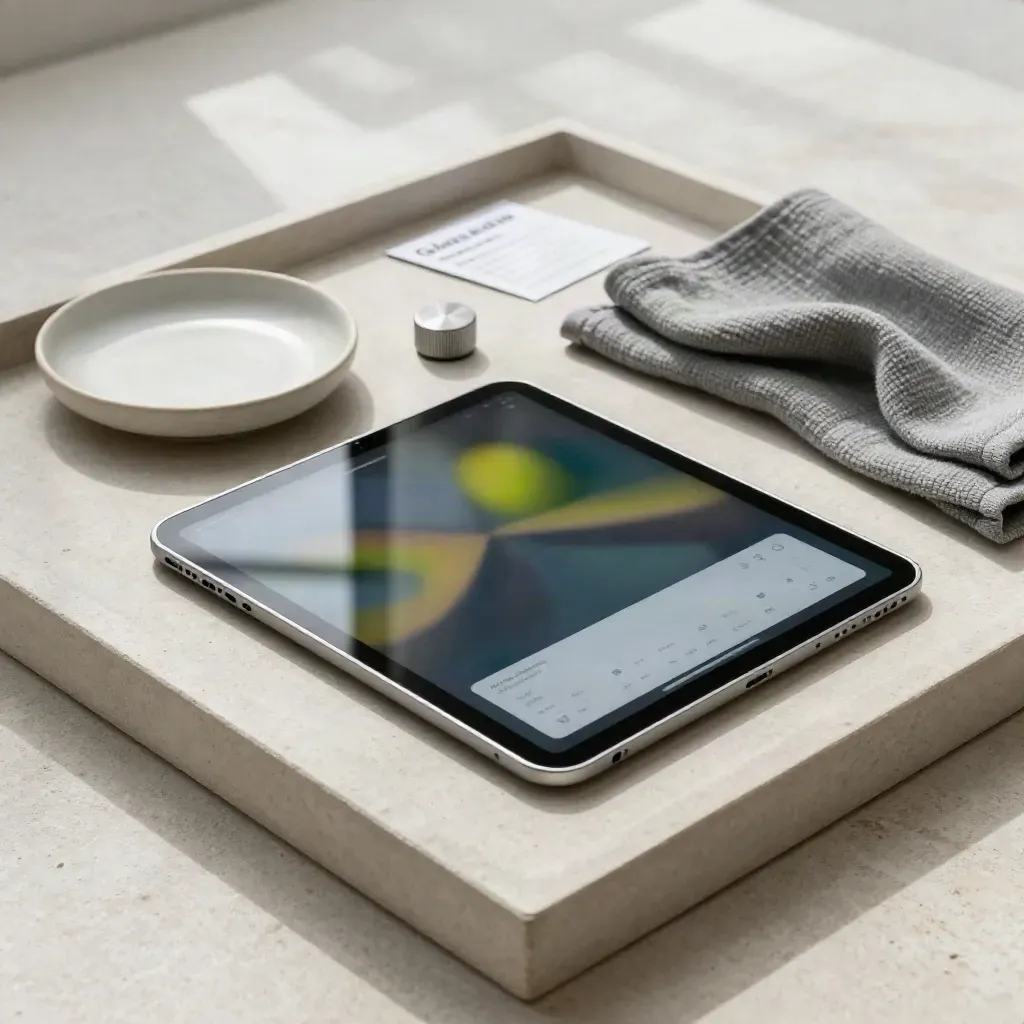 Tablet, metalen draaiknop, keramische schaal en grijs doekje op stenen tray.