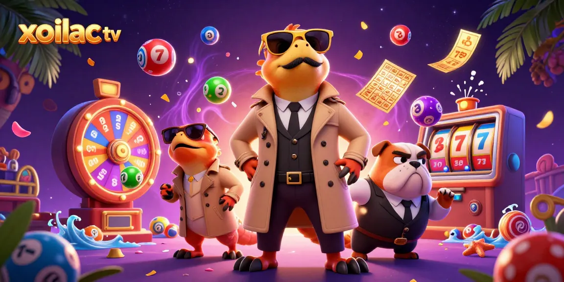 Xoilac TV showcases a humorous scene with three raptors in a trench coat entering a casino, surrounded by festive gambling elements.