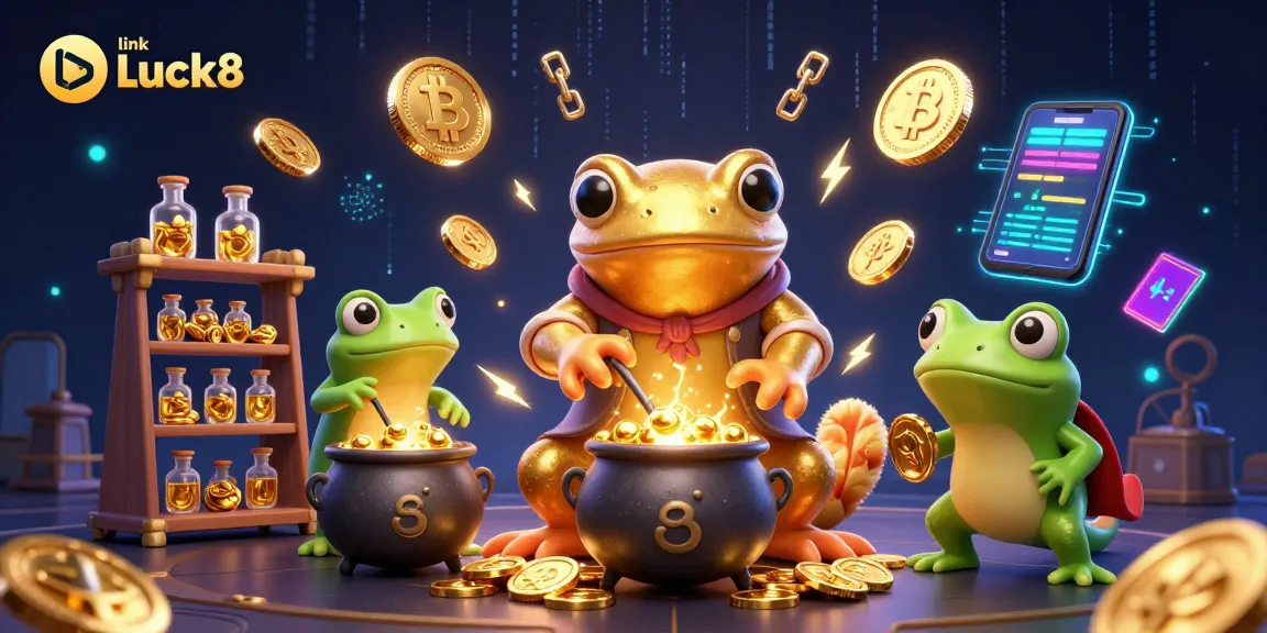 Experience thrilling gaming with link Luck8, as gold coins and crypto surround charming alchemist characters.