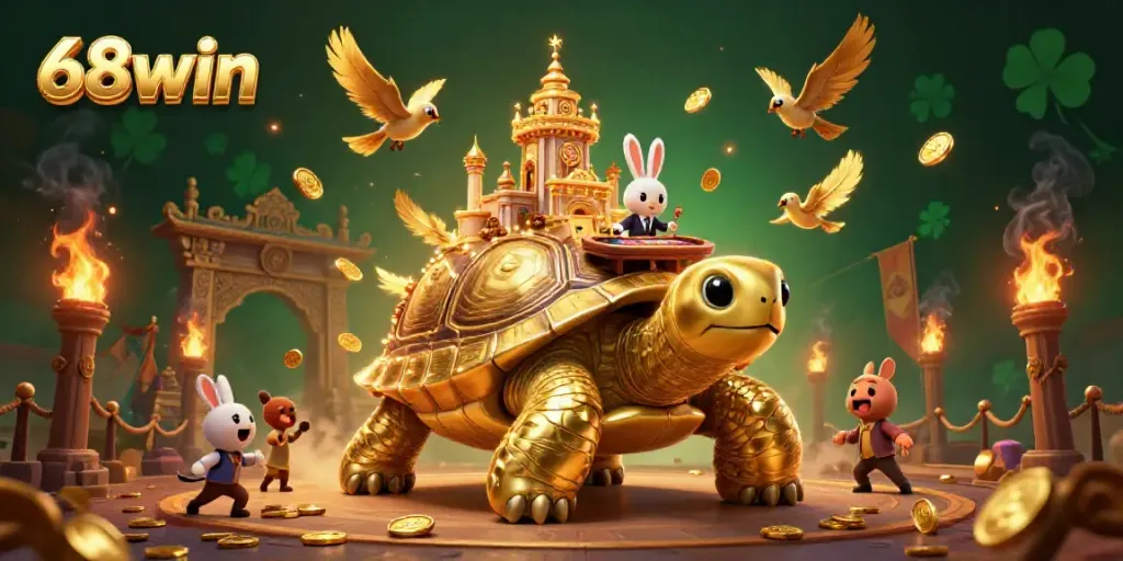 Experience the thrill of 68win with golden tortoise and rabbit dealer in a vibrant casino celebration.