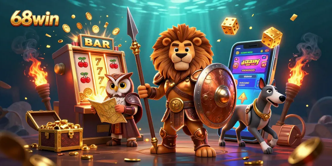 Spin and win big with 68win in this vibrant casino scene, showcasing slot machines and gaming excitement.