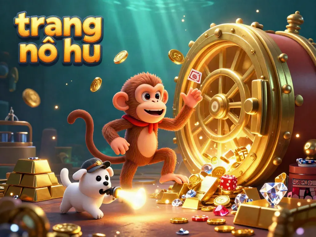 Experience the magic of trang nổ hũ in this vibrant haunted casino scene with a playful monkey and curious puppy.