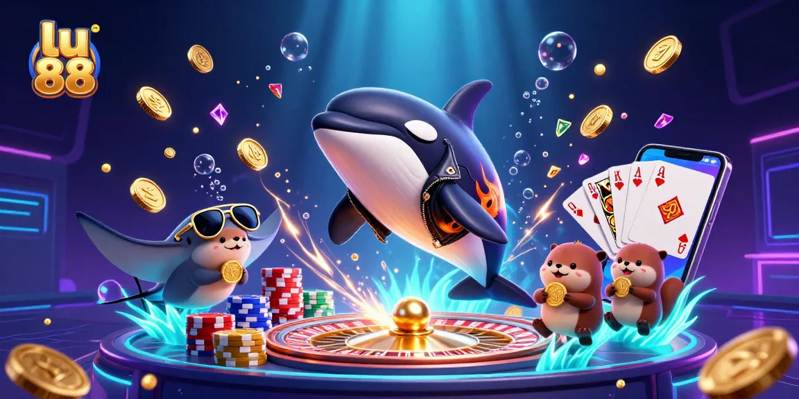 Experience excitement with lu 88 through otters celebrating at a vibrant online casino scene filled with gold coins and treasures.