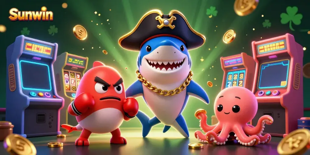 Engage with Sunwin's vibrant 3D cartoon casino scene featuring pirate characters amidst colorful gaming elements.