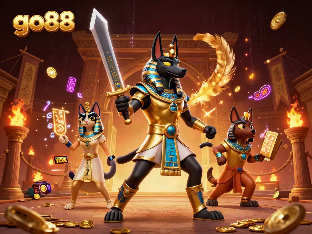 Experience the thrill of go88 with dynamic casino excitement featuring Anubis and Bastet in an ancient Egyptian setting.