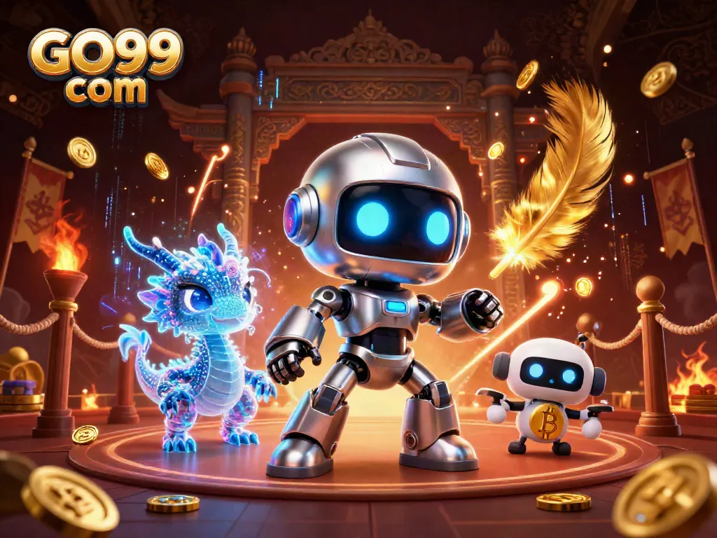Win big with GO99 com in a vibrant 3D casino scene featuring futuristic characters and elements.