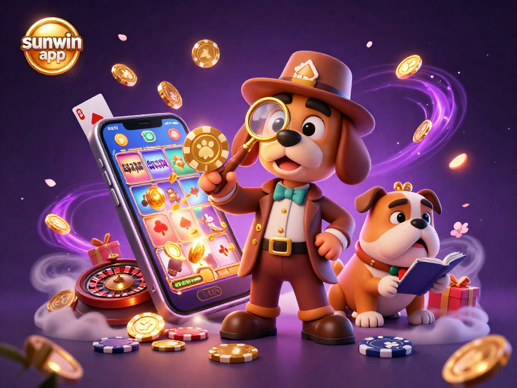 Engage with the sunwin app featuring a cartoon detective and treasures in a vibrant casino adventure.
