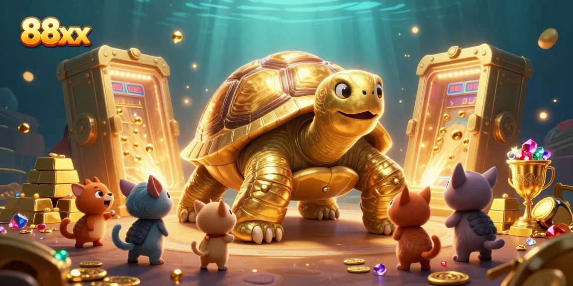 Engage with 88xx's thrilling entertainment featuring golden tortoise and treasures in a vibrant casino scene.