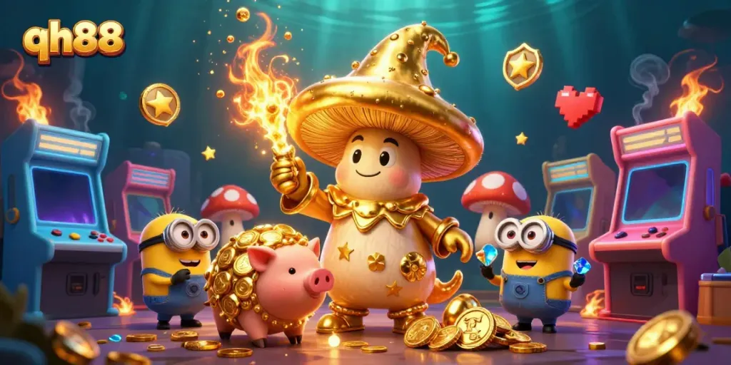 Experience thrilling gameplay at QH88 with a magical scene featuring a golden mushroom wizard and treasures.