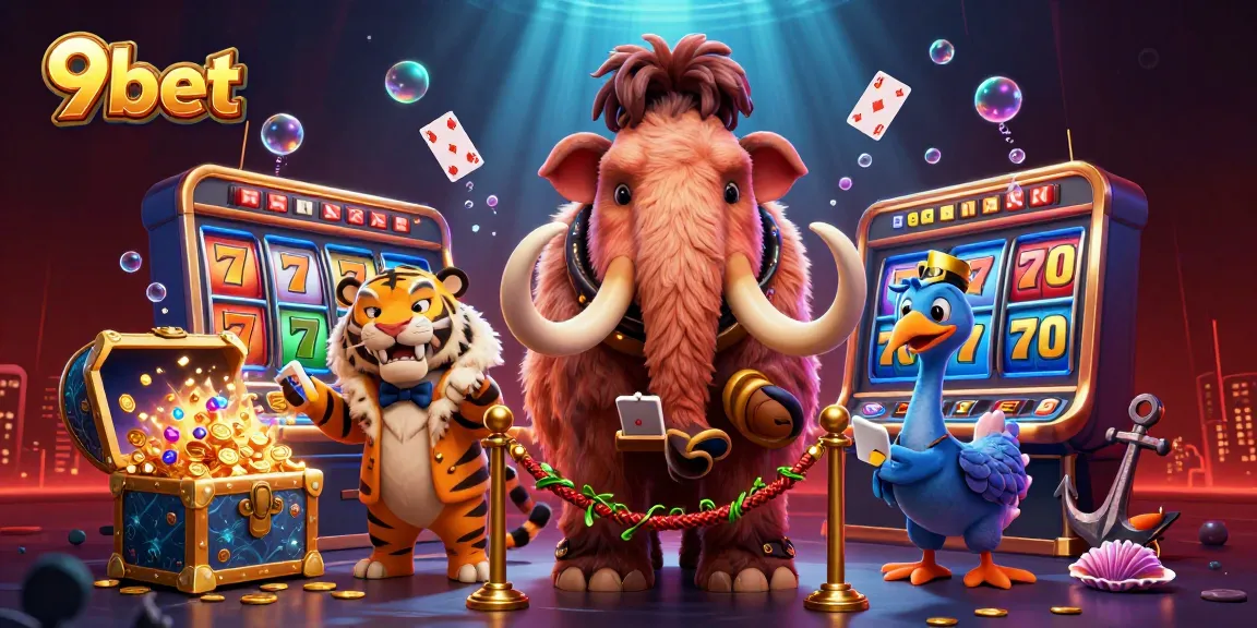 Experience thrilling slots with 9bet in a vibrant 3D casino scene featuring unique characters.