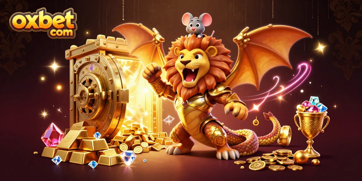 Engage with exciting games at oxbet com, featuring a golden chimera and treasure-filled casino environment.