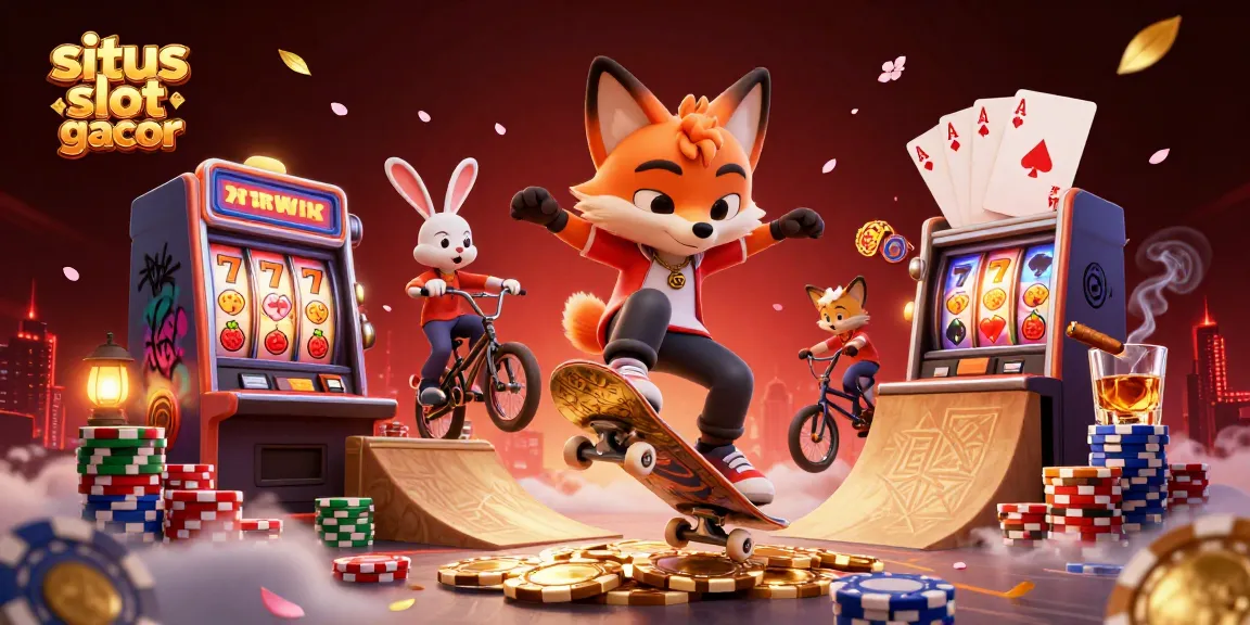 Shoot slots at situs slot gacor with a lively 3D illustration of casino characters showcasing excitement and winning.