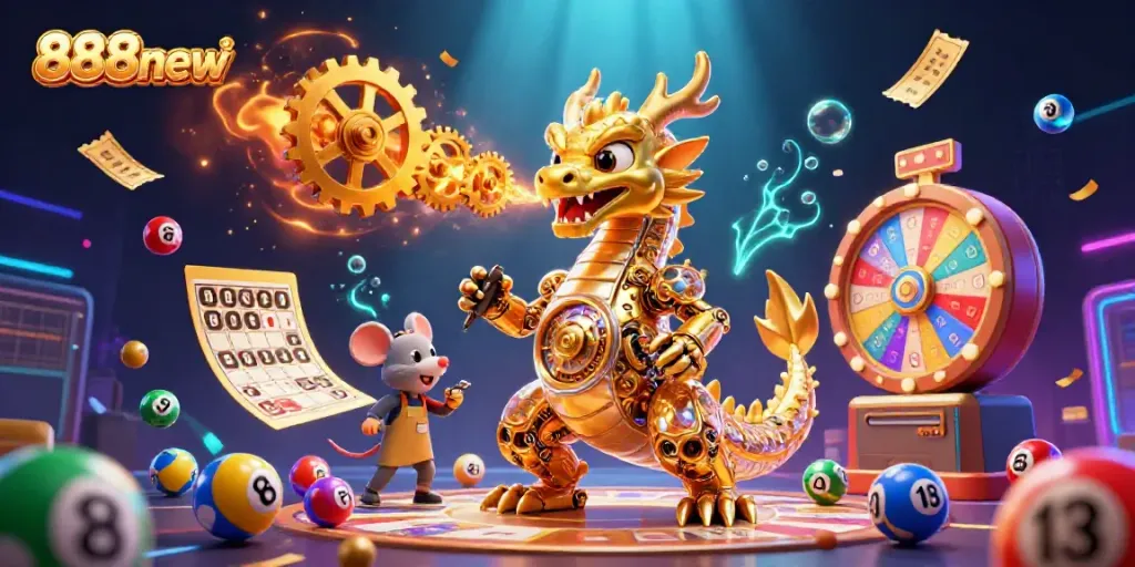 Engage with the golden dragon of luck at 888new, surrounded by vibrant lottery elements.