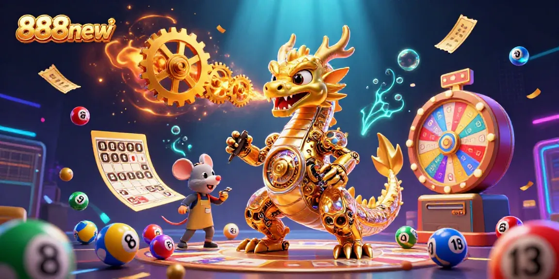Engage with the golden dragon of luck at 888new, surrounded by vibrant lottery elements.