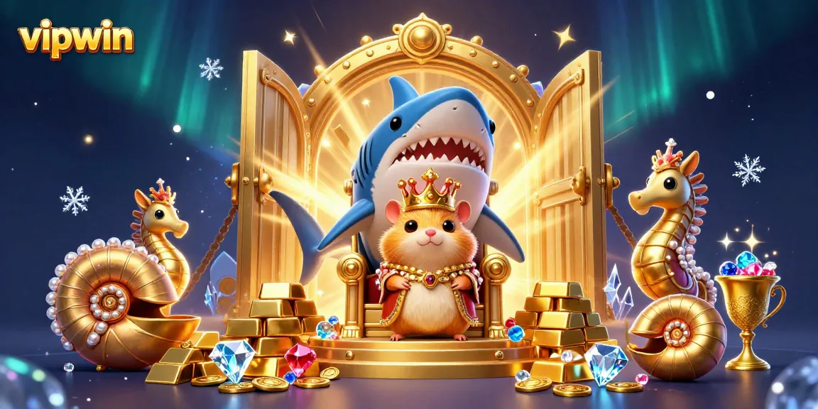 Experience excitement at vipwin with a dynamic scene of a hamster king surrounded by riches and gaming elements.