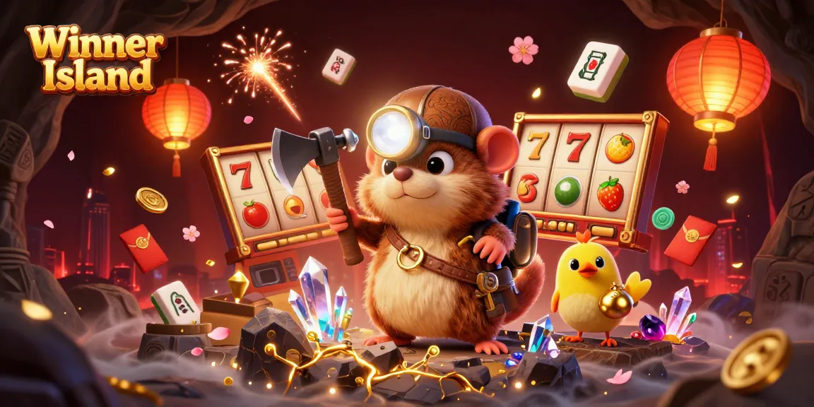 Winner Island vibrant 3D illustration showcasing treasure hunter and gaming elements, celebrating online casino excitement