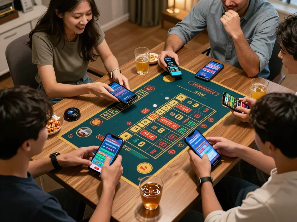 Players enjoy game tài xỉu online on smartphones, celebrating wins in a lively home setting.