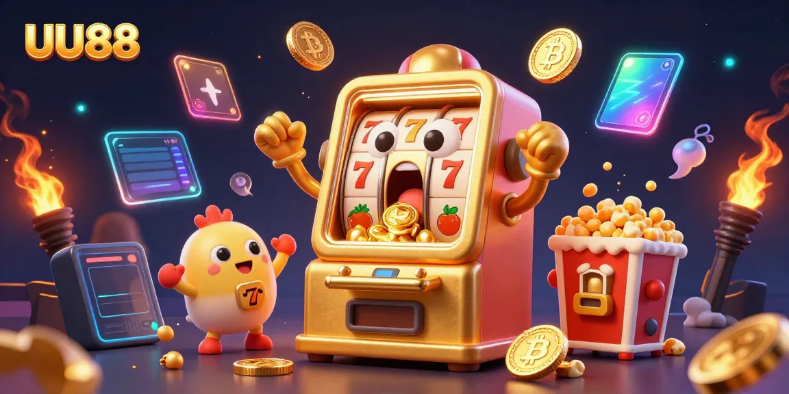 UU88's cartoon slot machine hits a jackpot with coins raining down, celebrating in a vibrant casino scene.