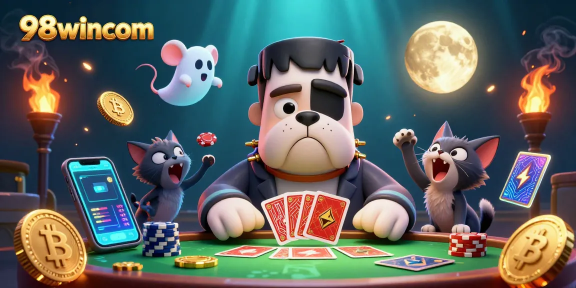 Experience thrilling card gaming with 98wincom's animated characters in a vibrant casino scene.