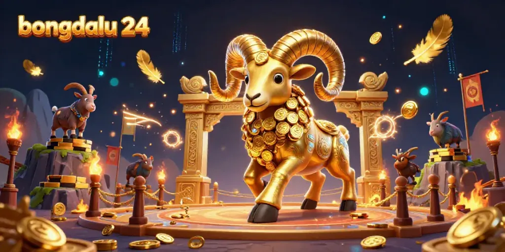 Bongdalu 24 showcases a 3D golden ram charging through a vibrant gambling arena filled with cheering spectators.