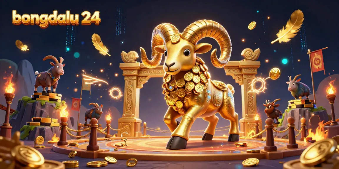 Bongdalu 24 showcases a 3D golden ram charging through a vibrant gambling arena filled with cheering spectators.