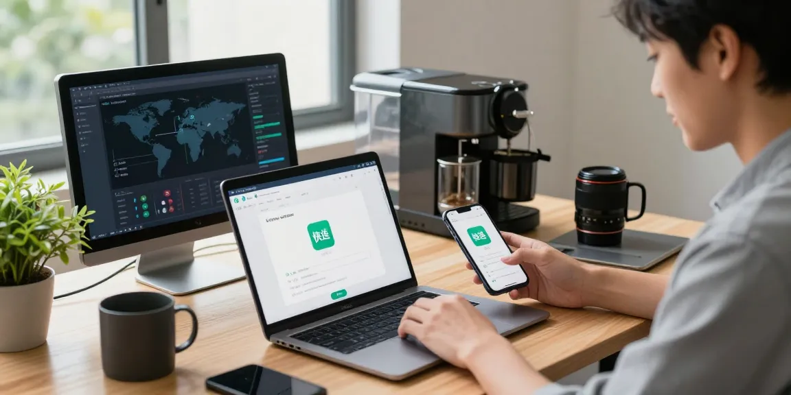 Professional user utilizing 快连 on laptop and smartphone in a modern office workspace.