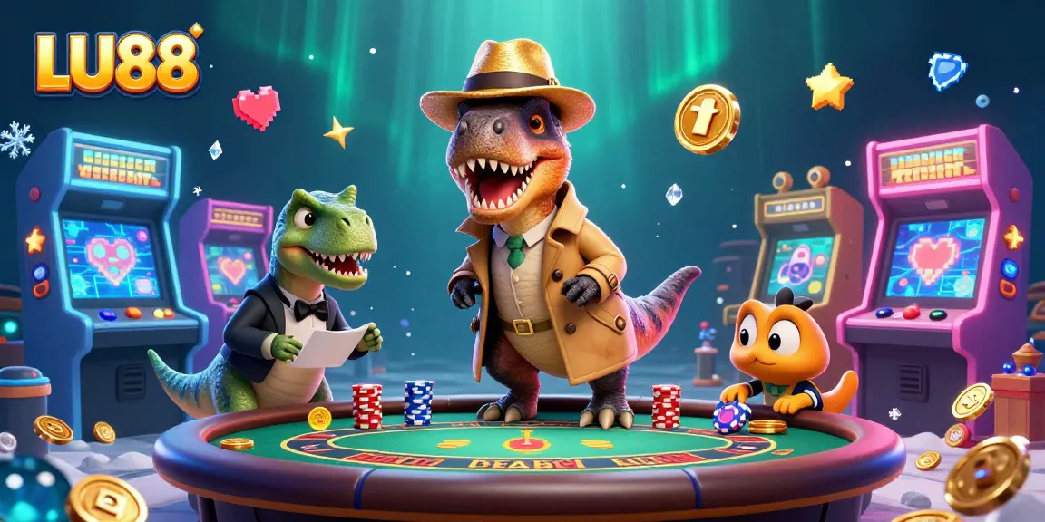 LU88 showcases a playful 3D velociraptor at a blackjack table, adding excitement to an engaging casino atmosphere.